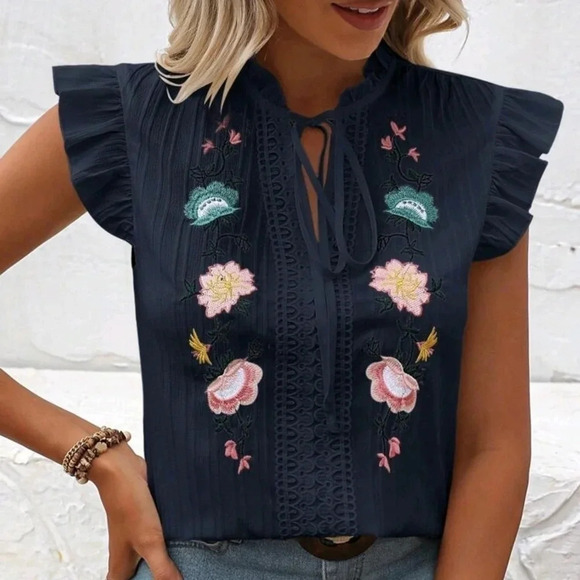 Floral Embroidery Tie Neckline Shirt With Lotus Leaf Hem - Picture 1 of 5